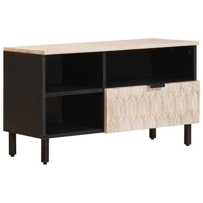 Meuble TV en bois de manguier - vidaXL - Finition lavage blanc - 80x335x46 cm - 1 tiroir - 1 étagère - Durable