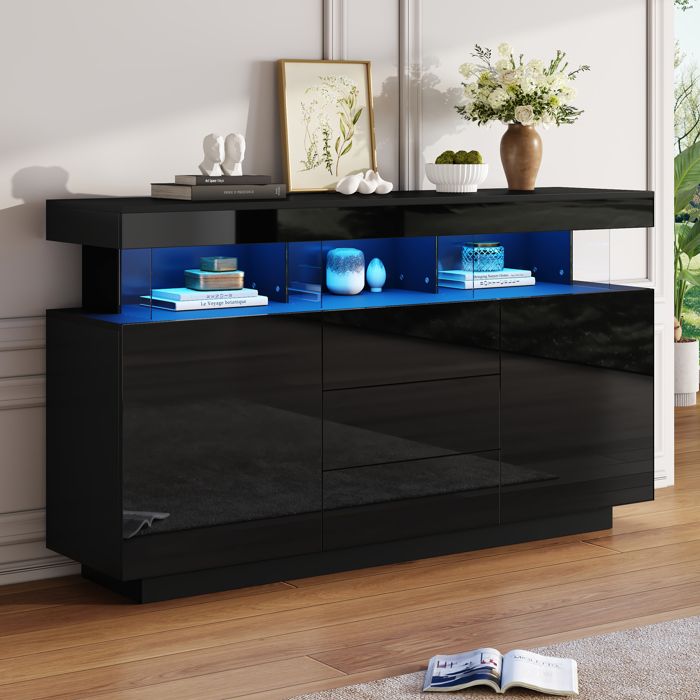 Buffet moderne - MODERNLUXE - 140x35x80 cm - 2 portes - 3 tiroirs - Éclairage LED - Finition brillante - Noir
