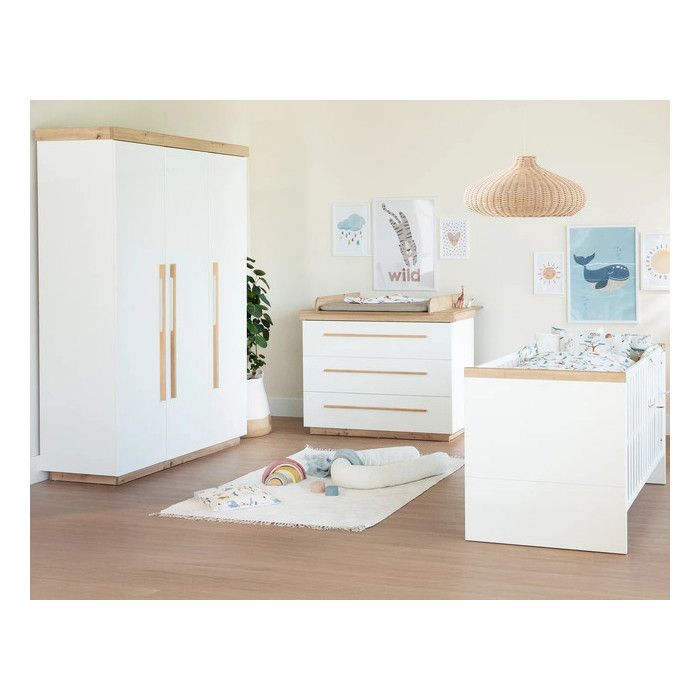 Chambre Bébé Complète Évolutive ROBA - Lumo - Lit 70x140 + Commode à Langer + Armoire 3 Portes - Blanc - Chêne