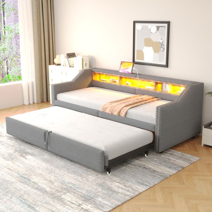 Canapé-lit convertible rembourré avec tiroir gigogne LED USB et rangements gris clair