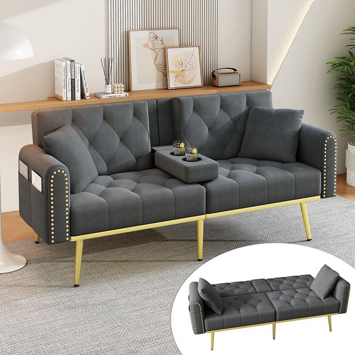 Canapé-lit convertible - 2 places velours gris - Dossier 3 positions - Porte-gobelets rabattable - Matelas 16 cm mémoire de forme