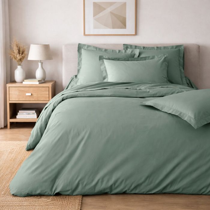 Parure de lit 240 x 220 cm – Percale de coton 78 fils – Tilleul – Qualité Hôtel – 2 taies 63x63 cm