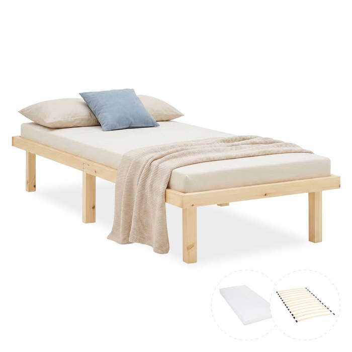Lit en Bois 90x200 cm Naturel Lit Simple avec Sommier et Matelas Bois Chambre Enfant Adolescent Invité