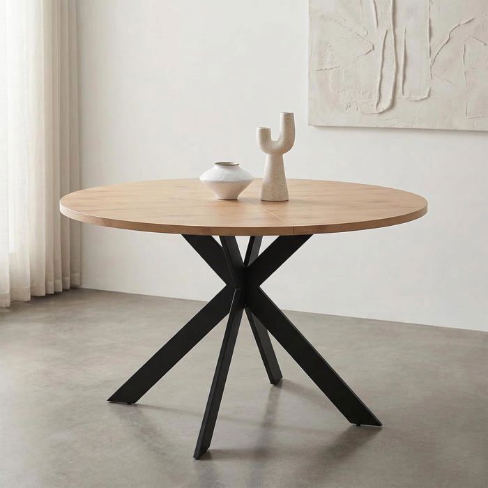JIEXI Table de salle à manger ronde effet chêne avec pieds en forme daraignée noirs facile à nettoyer