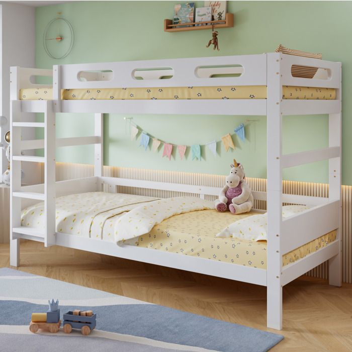 ULEVR Lit enfant superposé blanc 90 x 200 cm en bois avec échelle fixe barrière de sécurité et sommier à lattes
