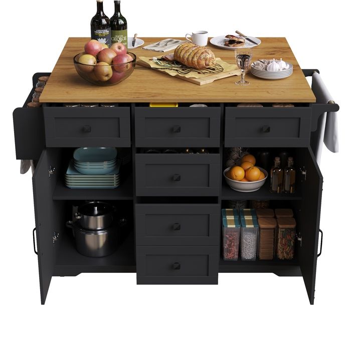 Îlot de cuisine haut de gamme chariot de service multifonction avec imitation bois grand rangement noir
