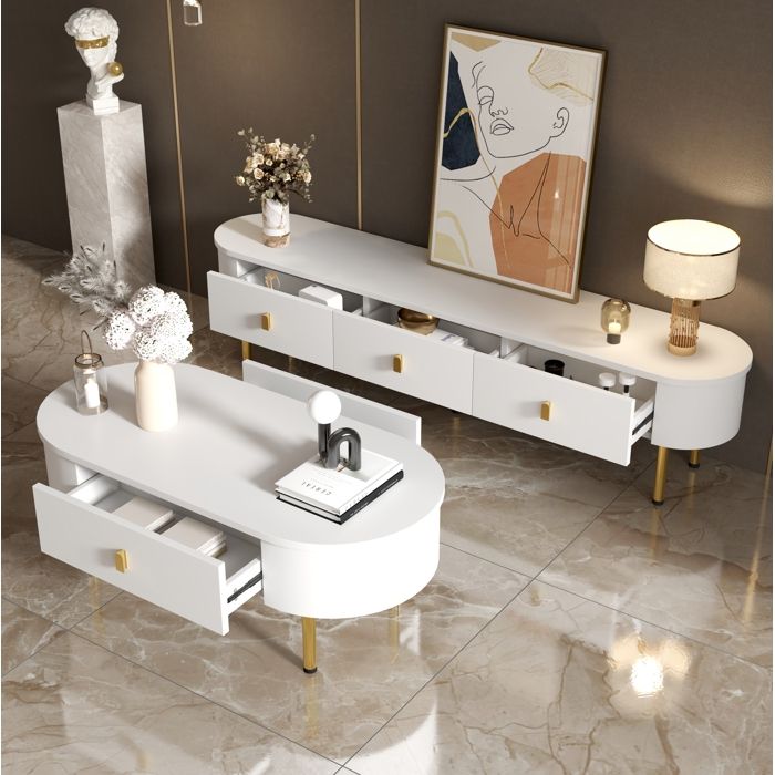 Ensemble de meubles de salon avec 1 Meuble TV et 1 Table Basse à Tiroirs - UVRION - MDF - Blanc et Or