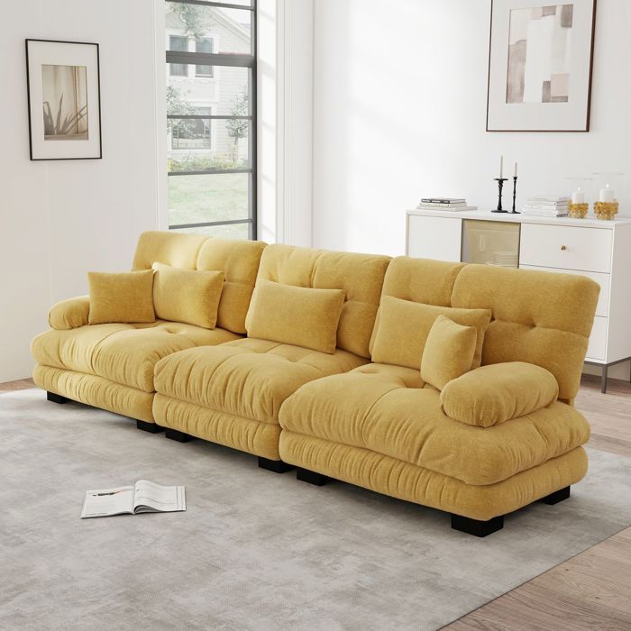 Canapé dAngle Canapé Modulable tissu chenille assise profonde rembourrage confortable couleur jaune
