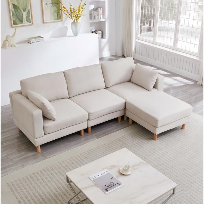 Canapé d’angle 3 places beige en polyester avec pouf 72 × 72 × 42 cm