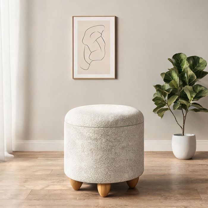 Pouf de rangement rond en lin beige crème 39x39x33 cm fonction table d’appoint avec plateau amovible entrée ou salon