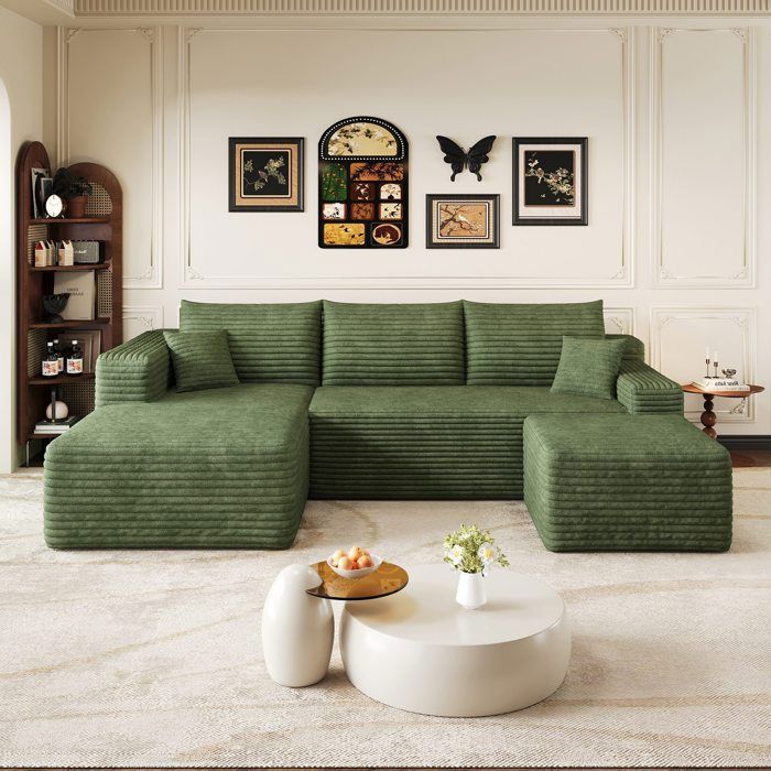 Canapé dangle gauche en U Canapé modulable Canapé compressé 3 places Canapé nuage en velours côtelé avec pouf vert