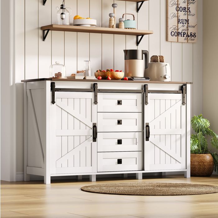 Modenuit Buffet bas 137 cm avec 2 portes coulissantes 4 tiroirs MDF blanc