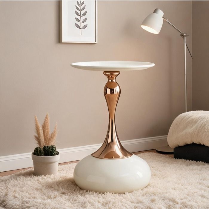 Table dappoint ronde 38 cm en acier carbone finition blanc et doré hauteur 54 cm pour salon ou chambre