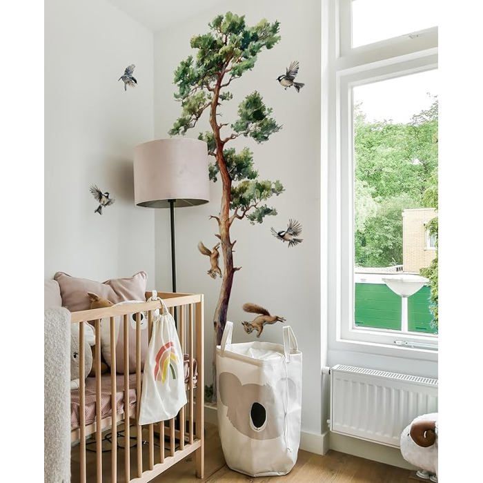 [Extra rge] Stickers ARBRE XXL réaliste (111x182 cm) I Autocolnt mural arbre animaux oiseaux écureuils OBJET DE DECORATION MURALE