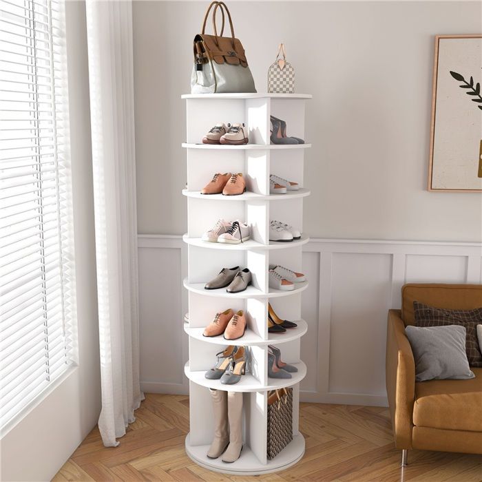 Étager à chaussures tournant 7 niveaux rotation complète 360° design compact pour 28 paires hauteur adaptée aux bottes blanc Étager à chaussures tournant 7 niveaux rotation complète 360° design compact pour 28 paires hauteur adaptée aux bottes blanc