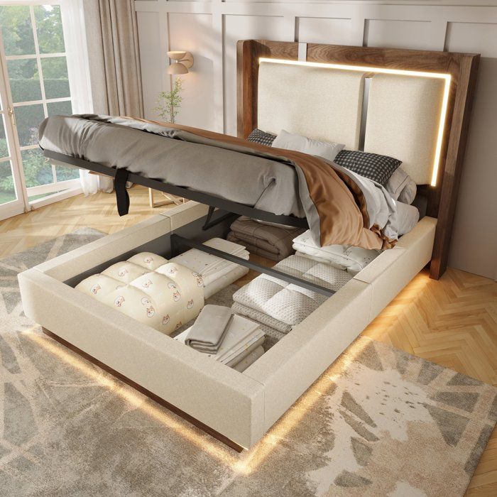 Lit coffre 90x200 beige en lin tête rembourrée avec LED sommier à lattes et grand espace de rangement sous le lit pour chambre