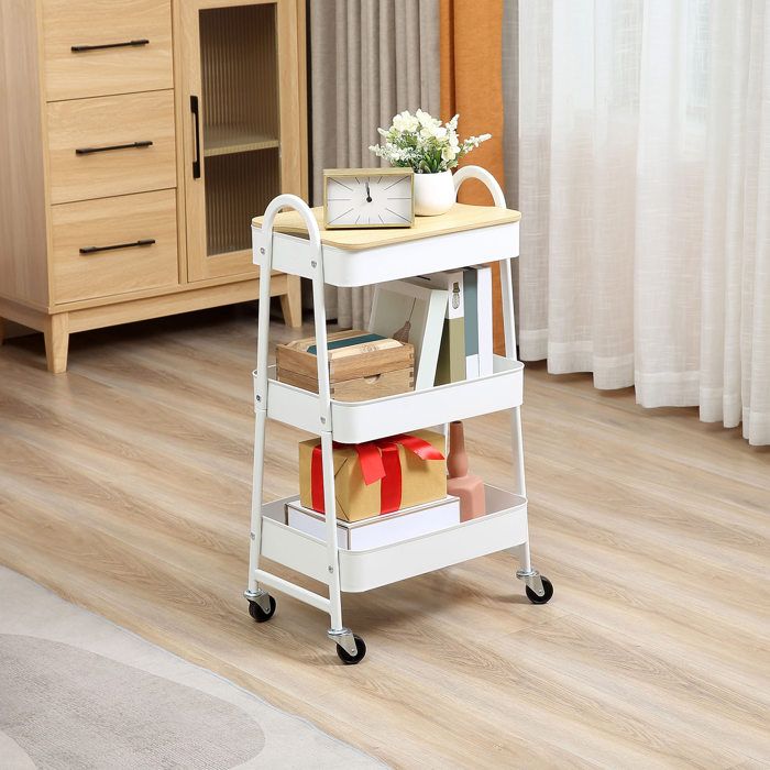 Meuble rangement cuisine roulant 3 niveaux avec couvercle paniers grillagés métal blanc 45x31x79 4 cm JOINERY