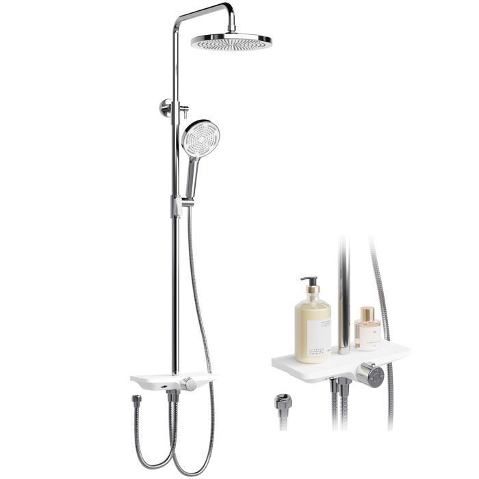 Colonne de Douche Sans Mitigeur Chromé & Blanc – Hauteur Réglable Tête Pluie 25cm Douchette 3 Jets + Cascade Étagère Inox