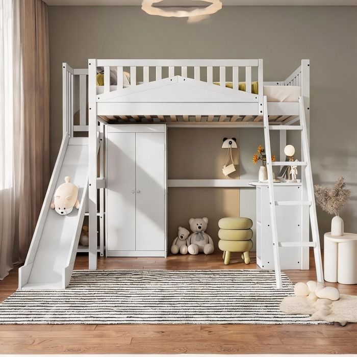Lit enfant superposé avec toboggan bureau et penderie intégrés finition blanc - White Solid Wood+MDF 250.0 x 194.0 x 170.0 cm