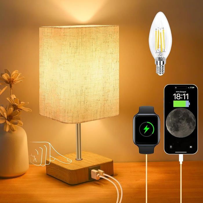 Lampe de Chevet Tactile avec USB A+C Ports ChargeLampes de Table 3 IntensitéAbat jour en Tissu de Lin Usb 1 Pièce