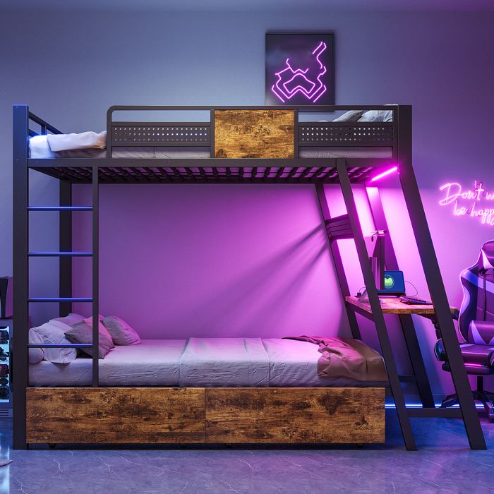Lit superposé métal 90x200 lit gamer avec bureau intégré LED et prises lit double en fer noir