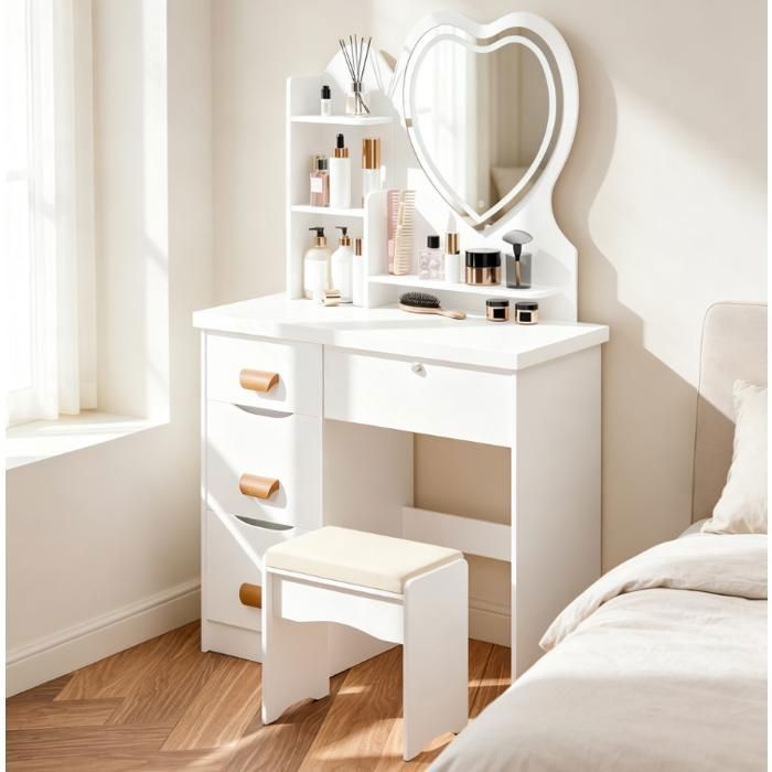 Coiffeuse avec Miroir Cœur LED Table de Maquillage 4 Tiroirs + Étagères Tabouret Inclus Meuble de Rangement Moderne 80×40×135 cm