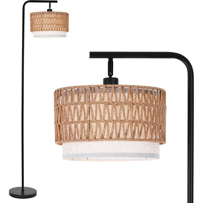 Lampadaire Rotin Bohème pour Salon Lampe sur Pied de Vintage Rustique E27 pour Chambre Double Abat-jour 173cm Hauteur Noir