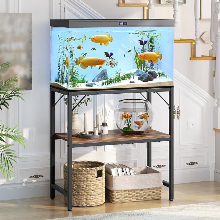Meuble pour Aquarium Support pour Bocal à Poissons avec rangement Support pour Terrarium à 2 niveaux cadre métallique