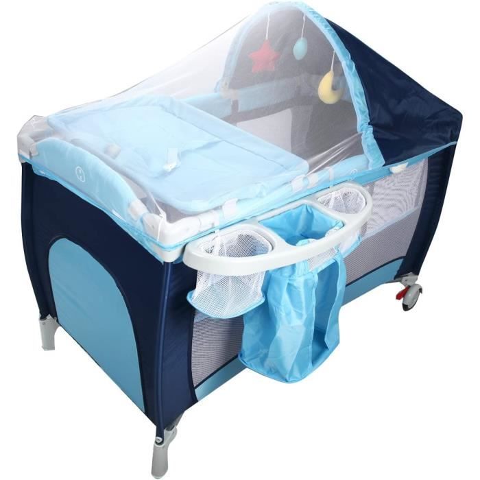 Lit Parapluie Bébé DREAMADE Pliable avec Moustiquaire Rangements Latéraux Jouets Suspendus Musique Roulettes avec Freins Bleu