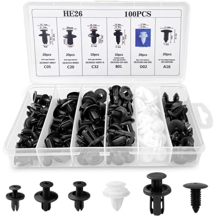 190 Clips De Fixation Universels Pour Voiture – 6 Tailles, Avec Outils De Démontage, Noir