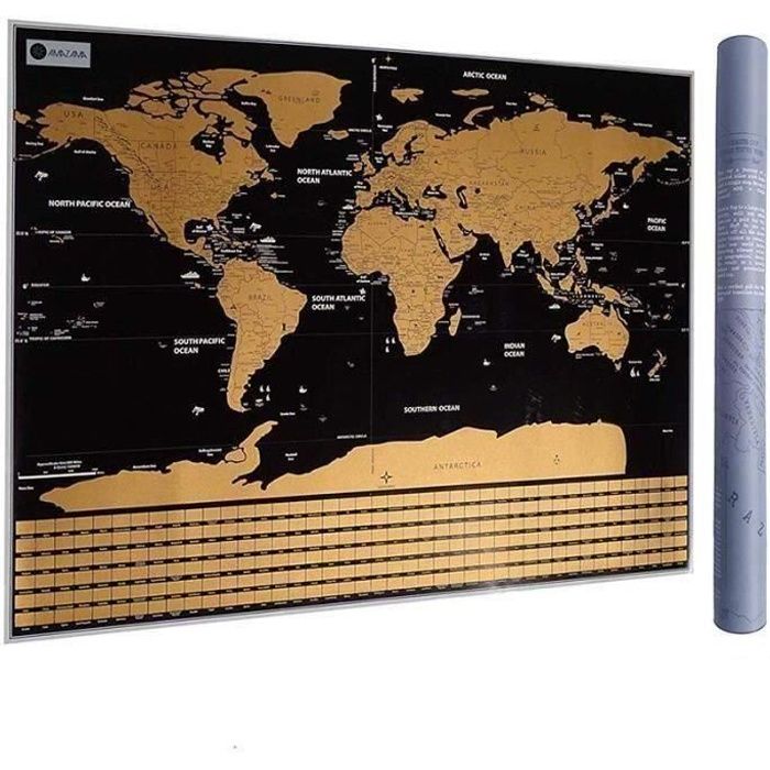 Carte du monde à gratter noire/dorée