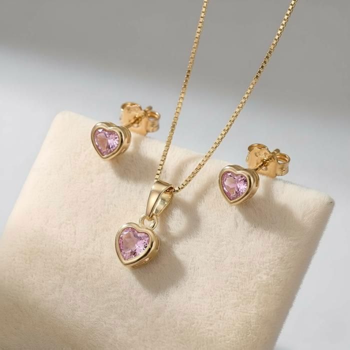 Parure Bijoux - Cœur - Zircon - Rose - Plaqué Or Jaune 750/1000 - 4 Pièces - Femme/Enfant