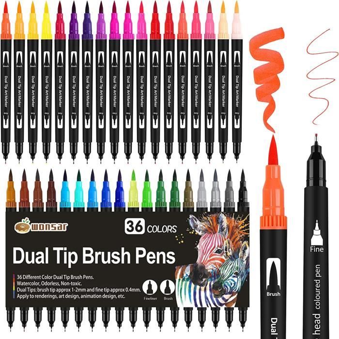 24 Couleurs Feutres Coloriage Adulte Enfants, Feutre Double Pointe Aquarelle 0.4mm et 2mm Pointe