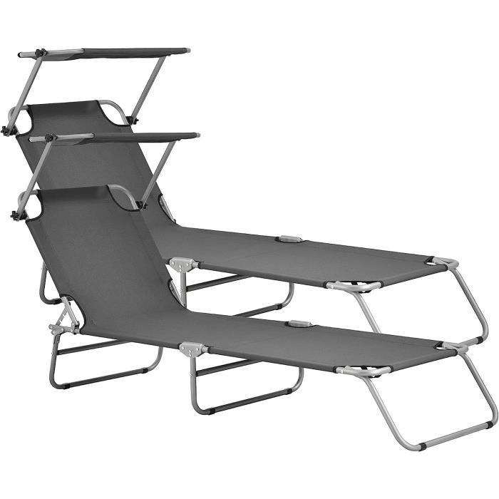 Lot de 2 Trants avec PareSoleil Chaises Longues Inclinables Réglable