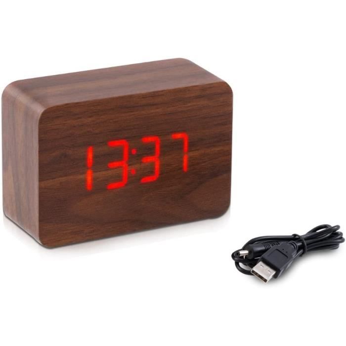Navaris Réveil LED - Horloge Digitale Aspect Bois - Réveil Matin Fonction Date Heure température taux humidité rétroéclairage - Réveil Chambre Bureau