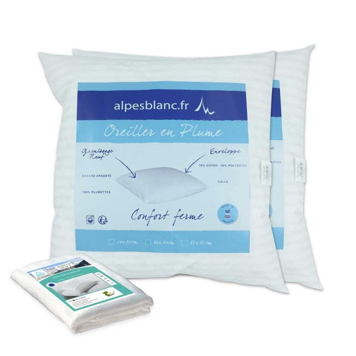 ALPES BLANC - Pack 4 pièces : 2 Oreillers en Plume + 2 sous taies Coton 65x65 cm - Fabrication Française – Confort moelleux