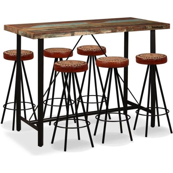 Ensemble Table Bar De 2 A 6 Personnes Style Contemporain 6 Tabourets De Bar Mange Debout Table Haute Bois De Recuperation Cuir Achat Vente Mange Debout Ensemble Table Bar De 2 A 6 Cdiscount