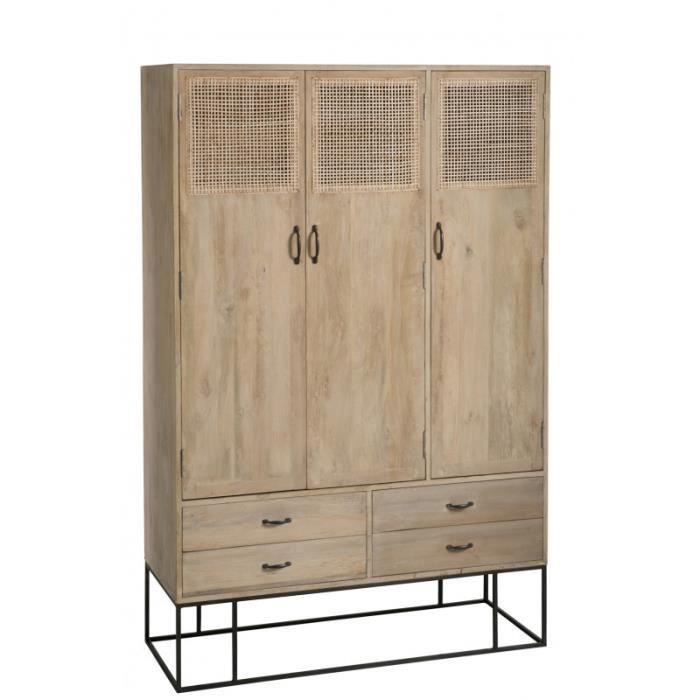 Armoire 3 Portes 4 Tiroirs Rotin Tisse Bois Manguier Naturel
