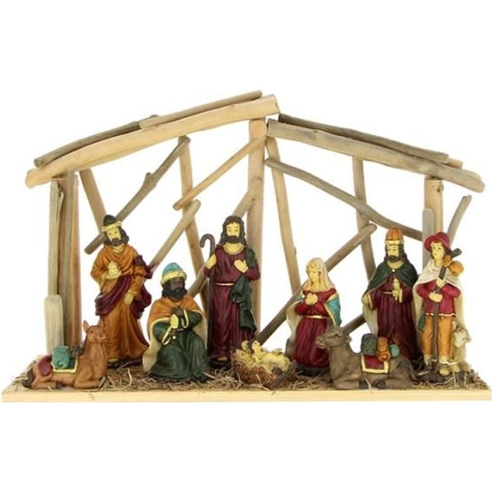 Crèche de Noël 10 santons en résine L.47cm SILUMEN Beige