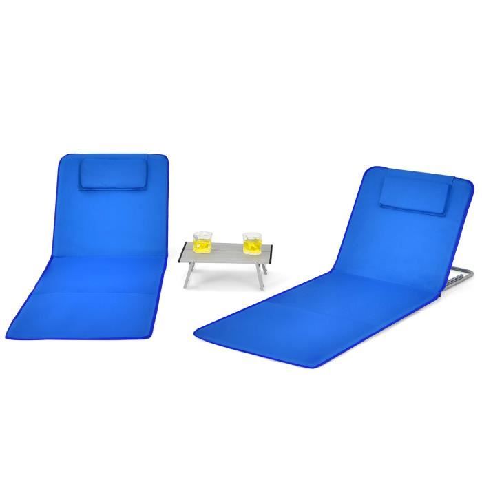 COSTWAY 2 Matelas de Plage et Table dAppoint Pliables Dossier Inclinable 151 x 515 x 27-47 CM avec Appui-tête en Tissu Oxford Bleu