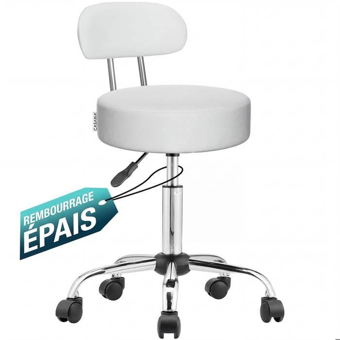 Tabouret à roulettes tabouret de bureau avec dossier réglable en hauteur pivotable 360° tabouret atelier similicuir blanc