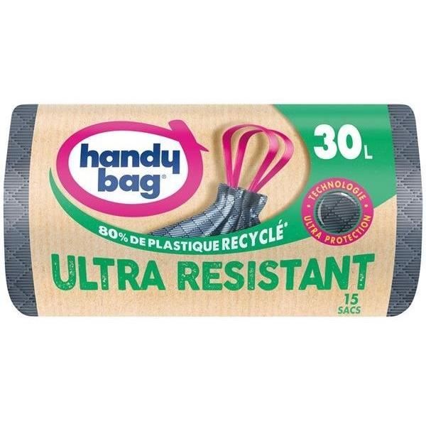 Lot de 15 sacs poubelle - HANDY BAG - Poignées coulissantes - Ultra résistant - 30L