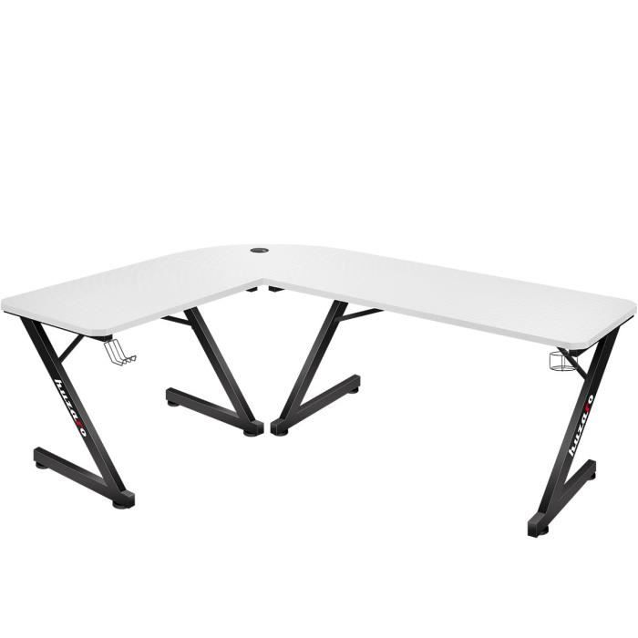 Bureau gaming dangle HUZARO Hero 7.0 Blanc - Finition carbone Passe-câbles central Supports casque et gobelet Ergonomique