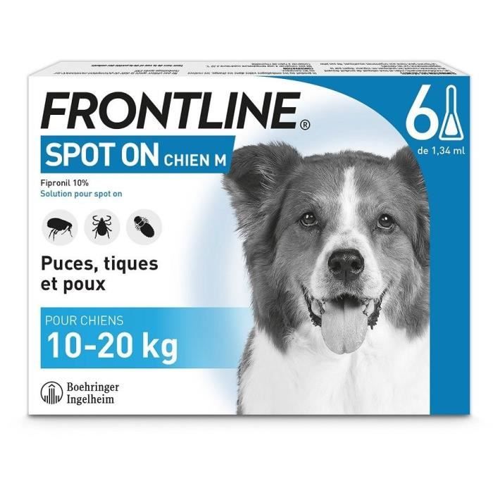 FRONTLINE Spot On Chien M - 10 à 20 kg - 6 pipettes- Puces tiques et poux