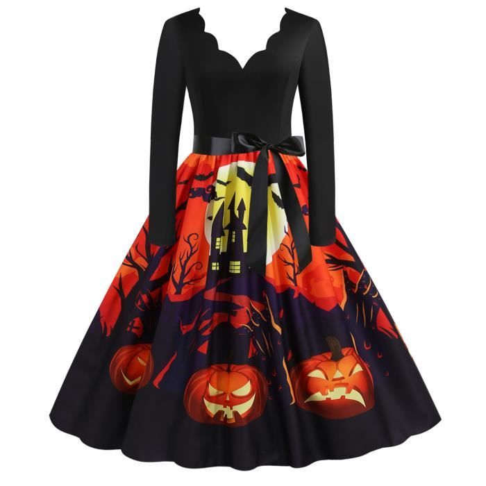 Robe Femme Halloween Citrouille Vintage Imprim?� Manches Longues D?�guisement Toussaint - Orange 