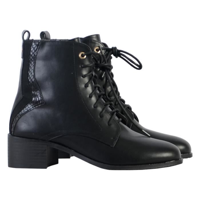 Bottine Femme - The Divine Factory - Cuir Noir - Fermeture à Lacets/Zip - Talon Large