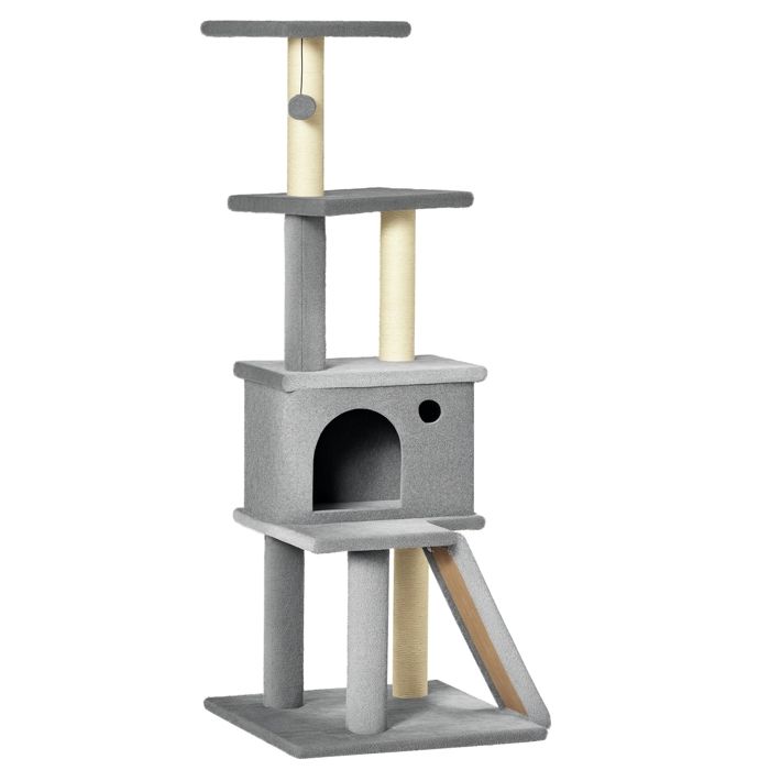 Arbre à Chat PawHut 90 Cm – Avec Niche, Hamac, Lit, Griffoirs Et Balles, Tissu Peluche Gris