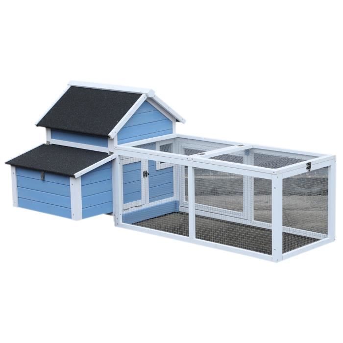 Comparer les prix de Poulailler cottage cage à poules sur pied dim. 180L x 90l x 79H cm multi-équipement bois massif de pin bleu blanc