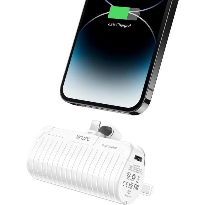 Batterie Externe 5500mAh Mini Power Bank IPhone - 20W PD Charge Rapide, Câble USB-C & Lightning Intégré, Écran LCD