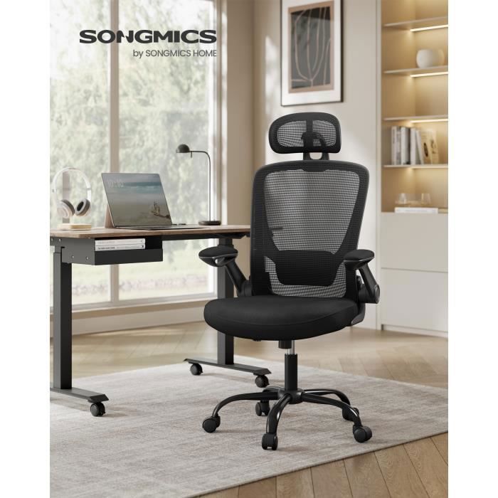 Chaise de Bureau Ergonomique en Toile Support Lombaire Rembourré Mécanisme à Bascule Accoudoirs Rabattables Appui-tête Noir